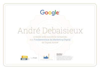 Certification Google recu par André Debaisieux
