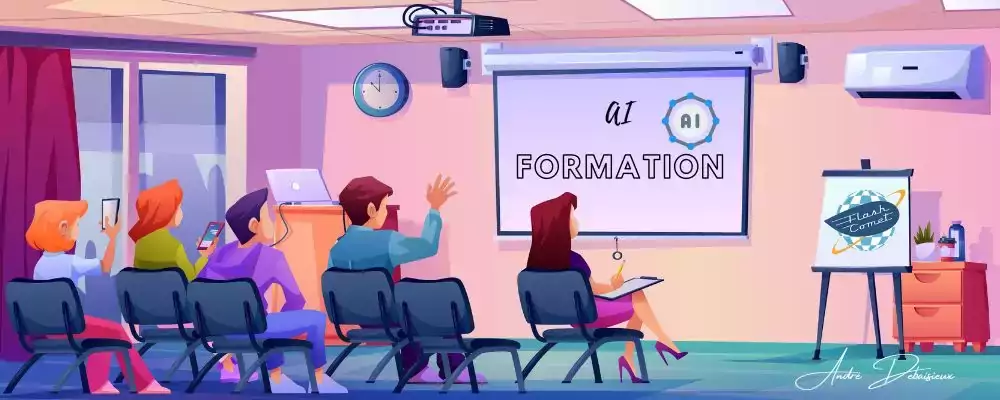 Cette image représente un dessin d'une salle de classe ou les stagiaires apprennent L'intelligence artificiel